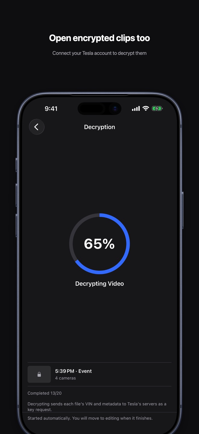 Open encrypted clips too. Connect your Tesla account to decrypt them