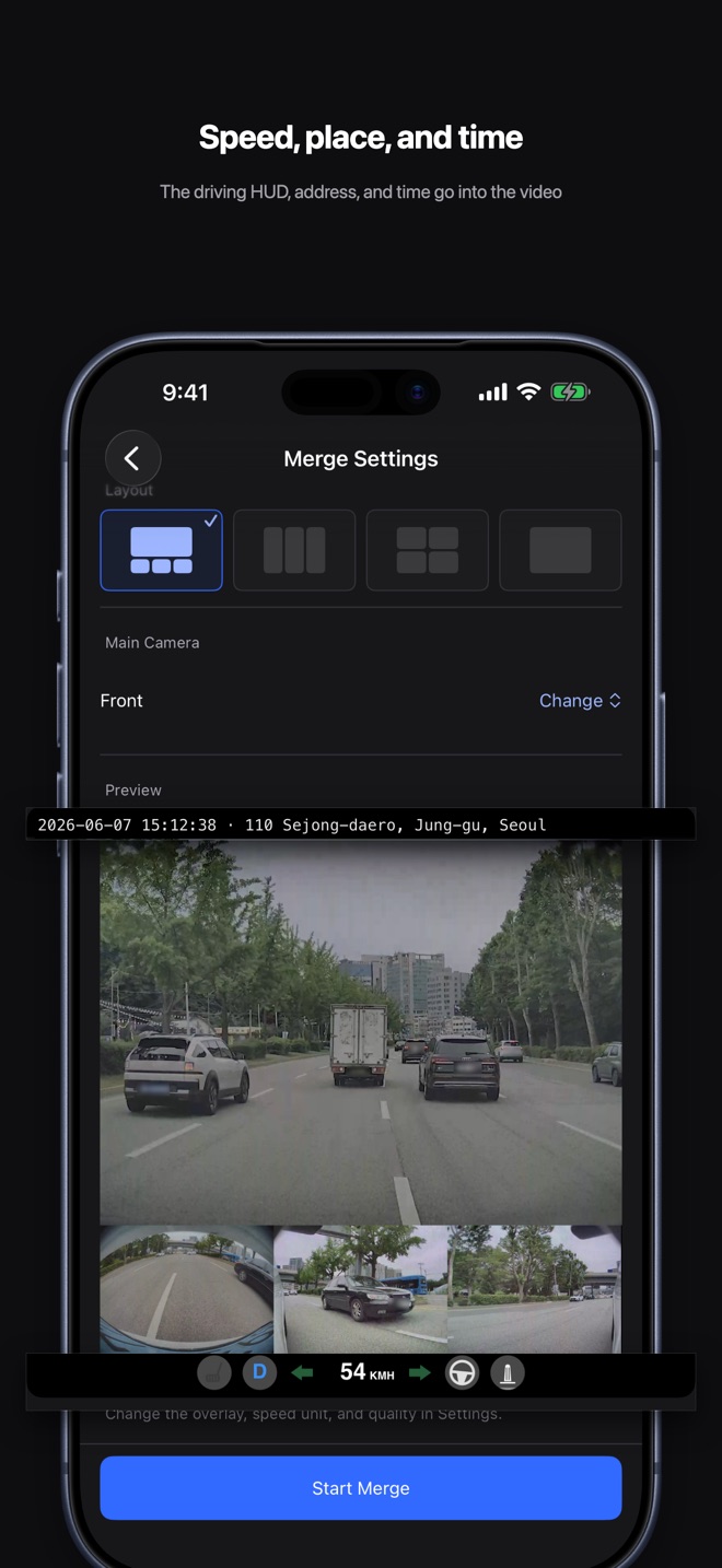 Speed, place, and time. The driving HUD, address, and time go into the video