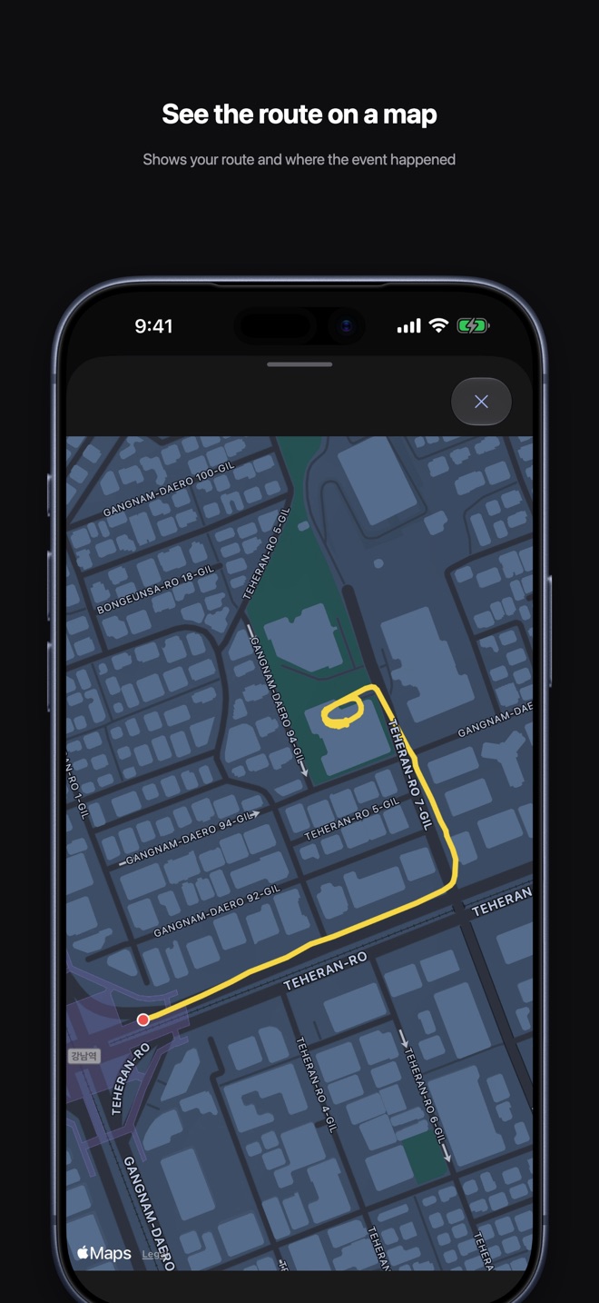 See the route on a map. Shows your route and where the event happened