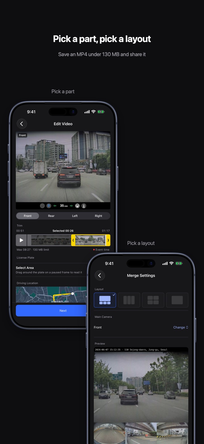 Pick a part, pick a layout. Save an MP4 under 130 MB and share it